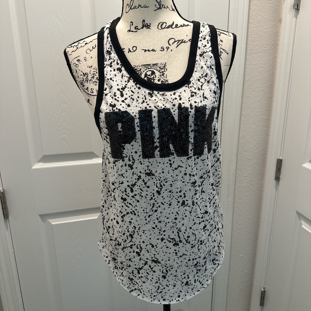 PINK Victoria's Secret White Tank with Black Splatter and Logo